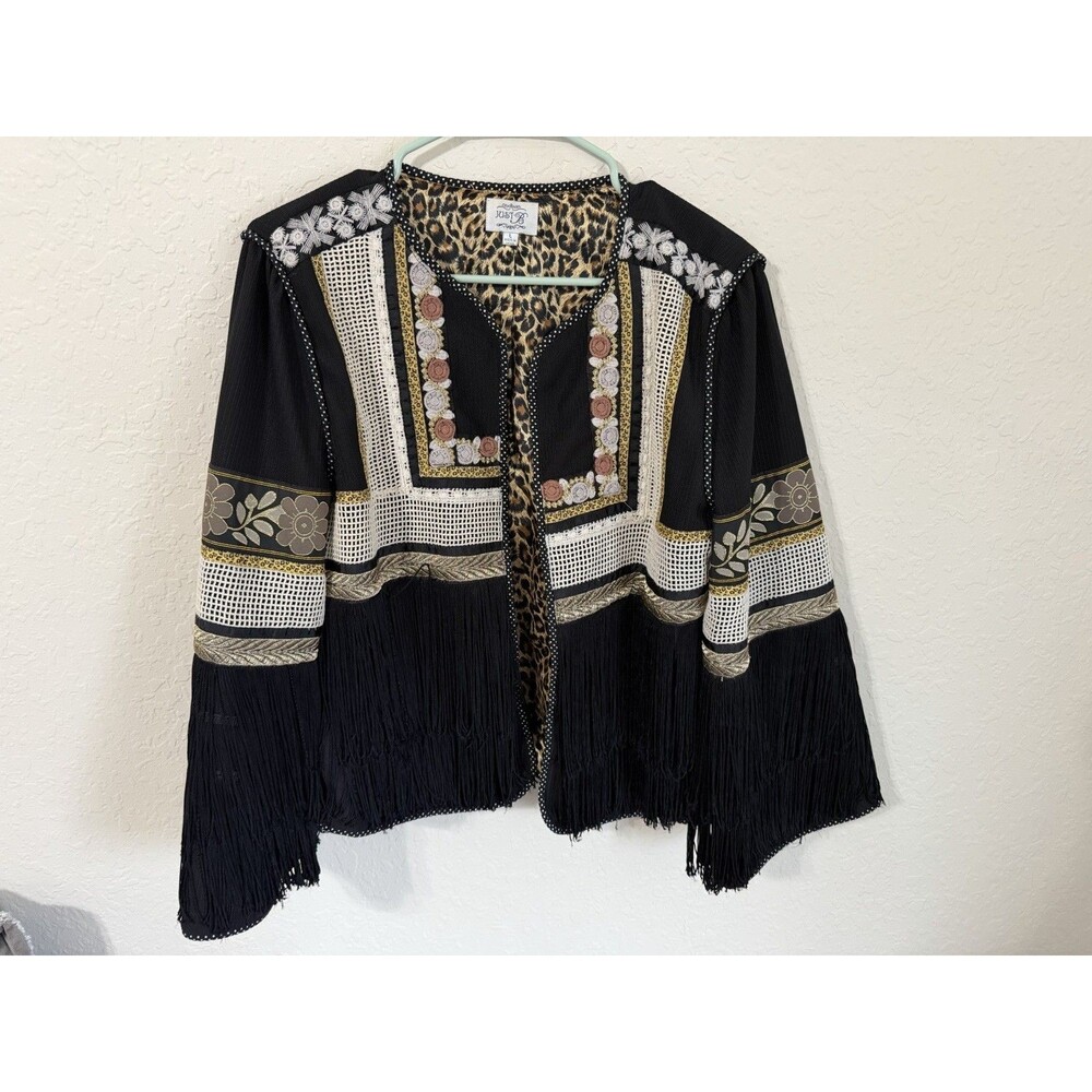Just B Black Fringe Embroidered Western Style Open Front Jacket Large Fall